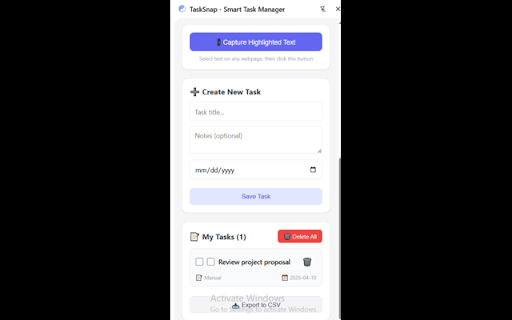 TaskSnap - Smart Task Manager :: Capture tasks from any webpage without leaving your tab. Save time and stay focused.