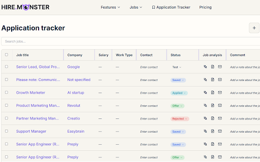 Hire.Monster: Application Tracker :: Add jobs from any page to your Hire.Monster tracker.