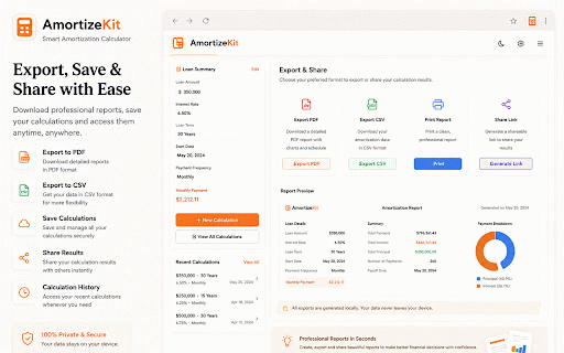 Loan Calculator & Amortization Schedule – AmortizeKit :: Free mortgage & loan amortization calculator. Monthly payments, interest charts, PDF export. Private, offline, no signup needed.