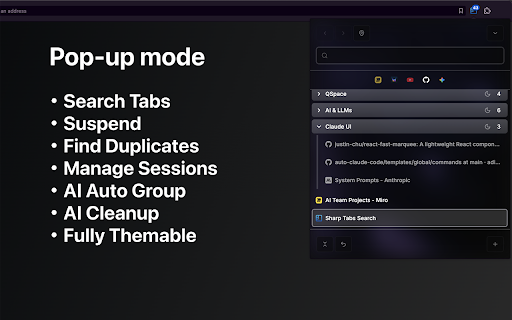 Sharp Tabs - Best Vertical Tabs Suspender & Organizer! :: Instant Search. Advanced Suspend. AI Integrations. Auto Session Backups. Duplicates. Workspaces. Themes. and Much More!