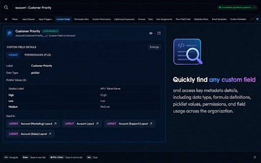 Quick Metadata Search for Salesforce :: Lightning-fast spotlight search to query, inspect, and manage Salesforce metadata, Apex code, custom fields, and permissions.