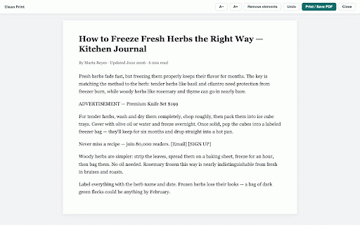 Clean Print — printer-friendly pages, 100% local :: Print any page without ads or clutter. Click to remove anything before printing or saving as PDF. 100% local - nothing uploaded.