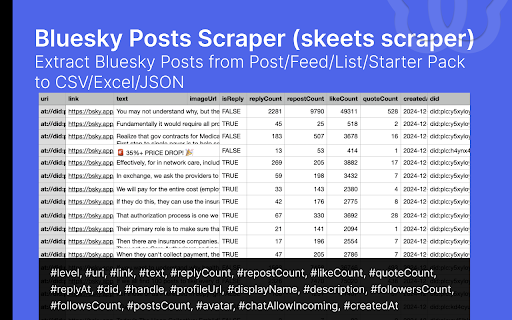 SkyPosts - Bluesky Posts Export Tool :: Bluesky Posts Scraper (skeets extractor) - Extract Bluesky posts from user/feeds/list/starter packs to Excel/CSV/JSON with one click