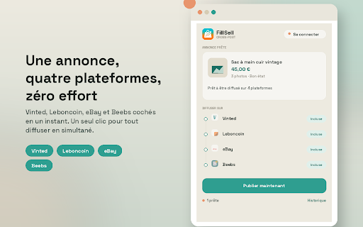 FillSell — Cross-post :: Publie automatiquement vos annonces FillSell sur Vinted, Leboncoin, Beebs et eBay.