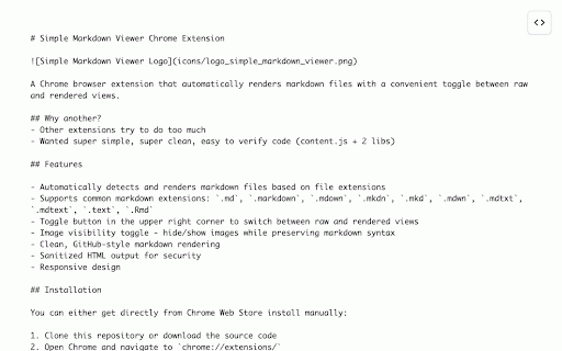 Simple Markdown Viewer :: Automatically renders markdown files with a toggle for raw/rendered view
