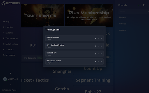 Autodarts Training Plans :: Adds a training plans overlay to play.autodarts.io so you can play back-to-back game sessions hands-free.