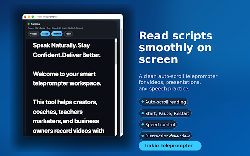 Trakio Teleprompter :: A simple persistent teleprompter window with script paste, speed control, restart button, and reliable auto-scroll.