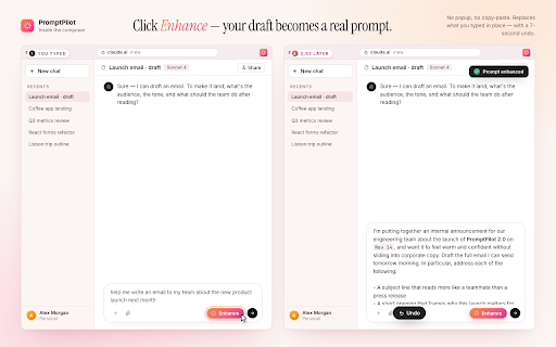 PromptPilot — Prompt enhancer for ChatGPT, Claude & Gemini :: Rewrite messy prompts into sharp, specific ones — right inside your ChatGPT, Claude or Gemini composer. One shortcut, same intent.