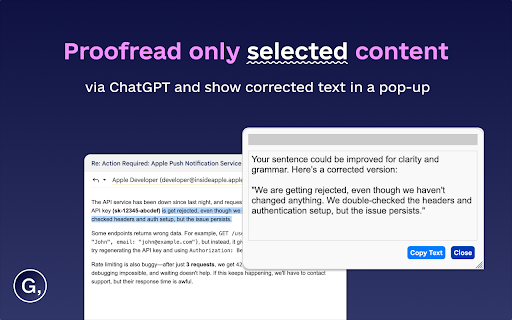 Secure AI Grammar Checker - GrammarSafe :: Proofread selected text via ChatGPT and show corrected text in a pop-up.