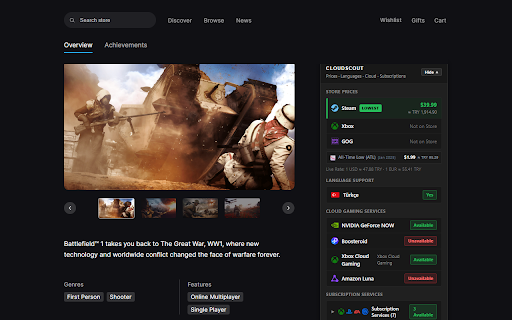 CloudScout for Steam :: Shows cloud/Game Pass availability, Turkish language support and the lowest store price on Steam and Epic game pages.
