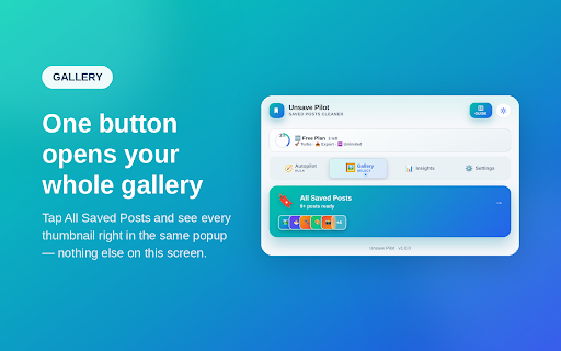 Instagram Saved Post Cleaner :: 🔖 Bulk unsave & clean Saved posts. ⚡ 3 speed modes, 🖼️ visual gallery with select & download, 📊 usage stats — fast & safe.