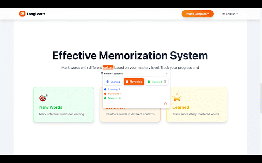 LangLearn :: Highlight words, set learning status, and track your vocabulary visually while browsing any website.