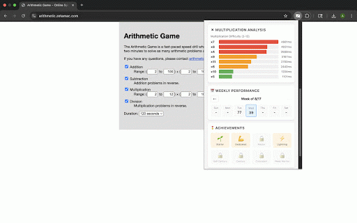 Zetamac Performance Tracker :: Track your arithmetic performance on Zetamac.com with detailed statistics, personal records, and achievement badges.