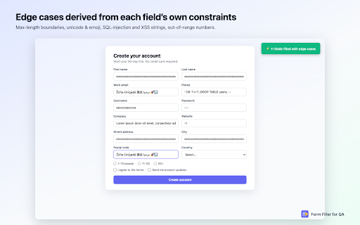 Form Filler for QA – AI Test Data Generator :: Form filler for QA: generate realistic valid, invalid & edge-case test data. Export bug reports, personas & test code.
