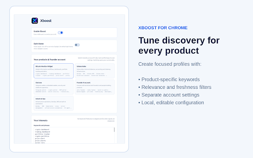 Xboost :: Find relevant X conversations with local scoring and optional Codex AI drafts. Review and send replies yourself.