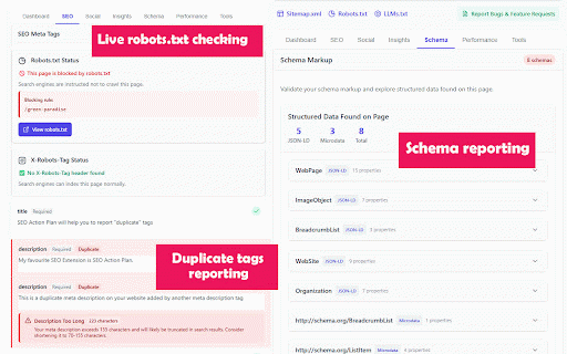 SEO Action Plan Extension :: Analyze SEO meta tags, social tags, schema markup & performance. Detect duplicates, missing tags & actionable SEO insights instantly