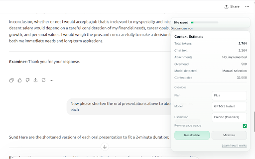 ChatGPT Context Counter :: Estimates ChatGPT conversation context usage from visible chat history with an in-page overlay.