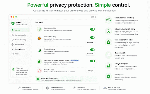 FilKlar Privacy Extension :: Auto-reject cookies, block trackers, and send PDFs straight from Chrome to FilKlar. Privacy-first.
