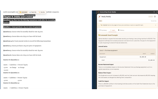 Accounting Study Buddy :: Accounting Chrome extension: one-click summaries, lemonade examples, calm explanations, and exam-style quizzes. Free to start.