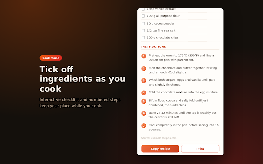 Recipe Extractor - Clean Recipe Card & Print :: Recipe extractor turns any recipe page into a clean card: ingredients, steps, photo and a print view. No ads, fully local.