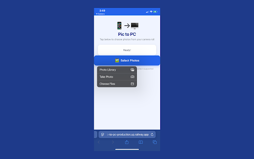 Pic to PC :: Transfer photos from your phone into any file upload, paste anywhere, or save to PC — no app, no account, no cloud.