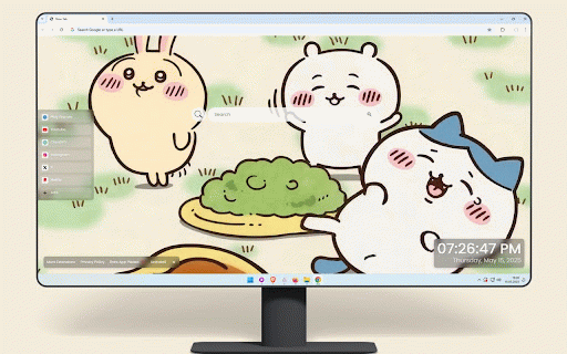 Chiikawa Picnic Live Wallpaper :: Chiikawa trio sharing green food on yellow plate in grassy meadow with cute blushing expressions.