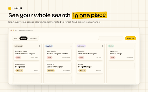 LinProfi: Job Application Tracker :: Save jobs in one click and keep your whole job search organized: roles, companies, stages, notes, and follow-ups.