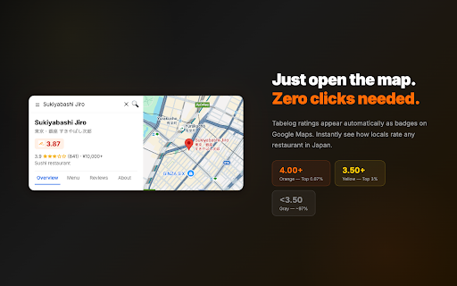 Tabe Guide - Tabelog & Michelin Ratings for Google Maps :: Display Tabelog and Michelin Guide ratings directly on Google Maps. Find the best restaurants in Japan with authentic local ratings.