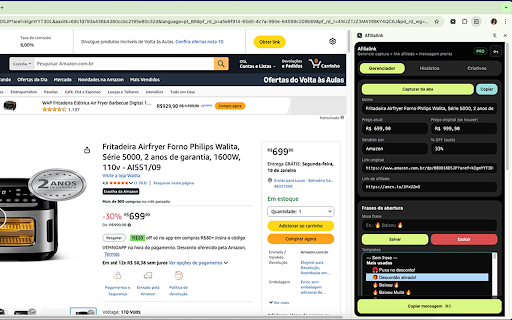 Afilialink — Mensagens de afiliado :: Captura dados do produto (Amazon, ML, Shopee) e gera mensagem com link de afiliado. Teste grátis: 7 dias (10/dia/site).