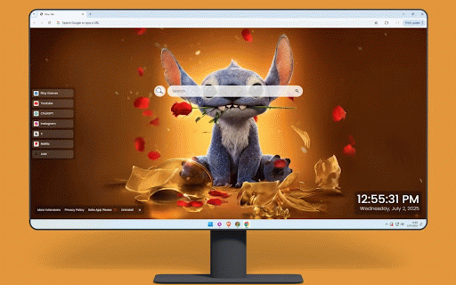 Lilo & Stitch Beauty and the Beast Live Wallpaper :: Adorable Stitch holding red rose surrounded by golden enchanted objects and floating petals.