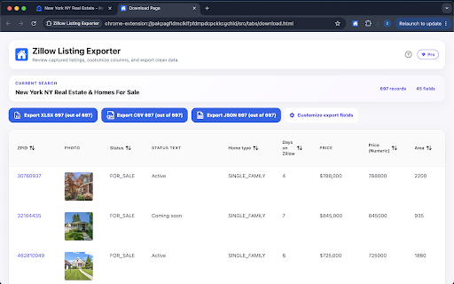 Zillow Listing Exporter :: Export Zillow listings and details to CSV/XLSX/JSON with one click.