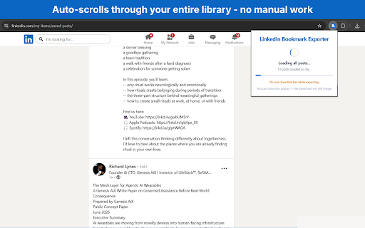 Bulk LinkedIn Bookmark Exporter - Markdown, CSV & JSON :: Export all your LinkedIn saved/bookmarked posts to Markdown, CSV, or JSON