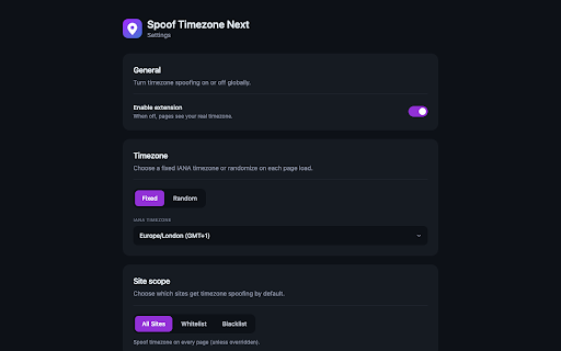 Spoof Timezone Next :: Manifest V3 timezone spoofing: override Date and Intl APIs with a fixed or random IANA timezone, per-site controls.