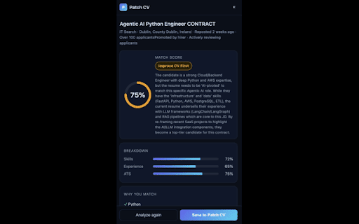 Patch CV — AI Job Analyzer :: Analyze any job against your CV in one click. Match score, missing skills, CV rewrites — plus upload your latest CV right here.