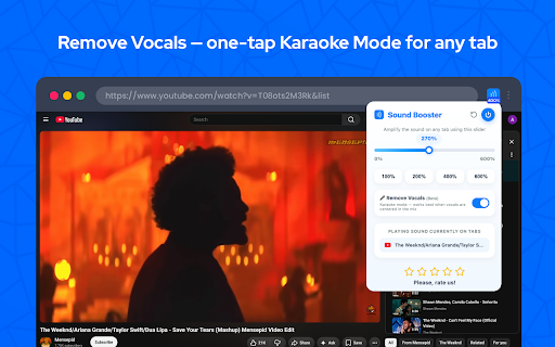 Sound Booster - Increase Volume & Vocal Remover :: Boost volume up to 600%, remove vocals for karaoke mode! Bass booster, audio amplifier & equalizer for YouTube, Spotify.