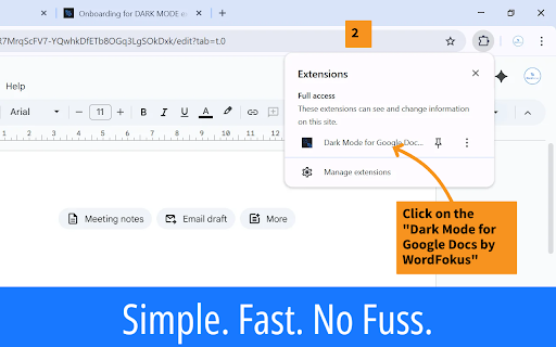 Dark Mode for Google Docs by WordFokus :: A simple, clean, and free dark mode for Google Docs. Reduces eye strain and improves focus. From the creators of WordFokus.