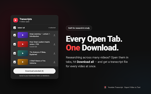 Youtube Transcript - Export Video to Text :: Get YouTube transcripts & download video to text in 1-click. Batch download subtitles as Markdown optimized for ChatGPT & Claude.
