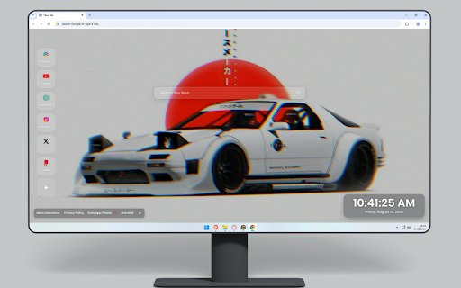 Custom JDM Mazda RX-7 Retro Car Live Wallpaper :: A widebody white Mazda RX-7 with retro glitch effects and Japanese text against a rising red sun background.