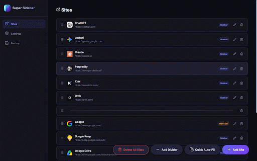 Super Sidebar :: Quickly access your favorite websites directly from the Chrome side panel.