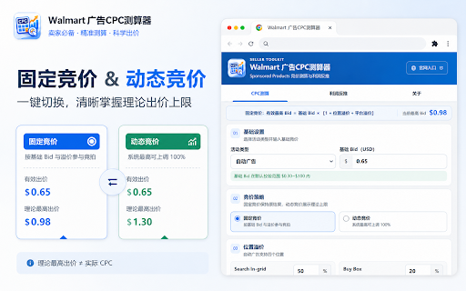 Walmart 广告CPC测算器 :: 在浏览器本地测算 Walmart Sponsored Products 固定竞价、动态竞价理论上限、位置与平台溢价,并根据利润和转化率反推建议 CPC。