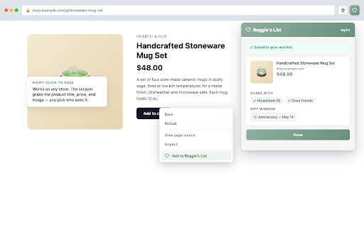 Reggie's List :: Save products from any site into a shared wishlist with your partner, household, or friends.