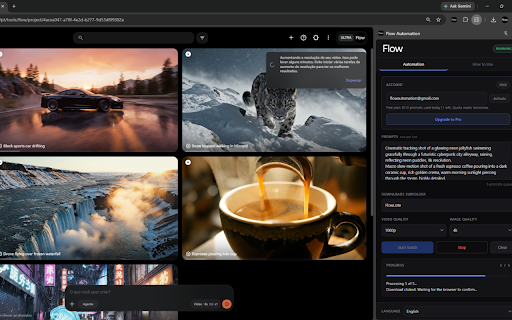 Auto Flow - Flow Automation & Bulk Video for Google Veo, Nano Banana :: Batch prompt processing for Google Flow (flow.google.com): prompt queue, generation, automatic download, next prompt.