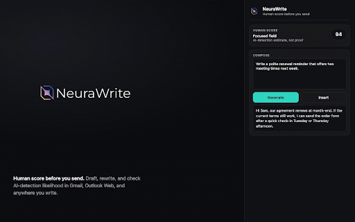 NeuraWrite :: Human-score writing assistant anywhere you write — rewrite, compose, and check AI-detection before you send.