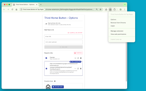 Third Home Button At Top Right :: Provides a button at the top-right of Chrome that links to any pages.