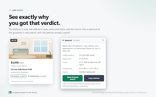 Guarantor Checker for NYC Rentals :: Renting in NYC without a US credit history? See on every listing whether the building accepts Insurent or TheGuarantors.