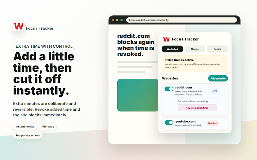Focus Tracker - Website Blocker and Focus Timer :: Block distracting websites by schedule, track usage, run Pomodoro sessions, and keep extra time under control.