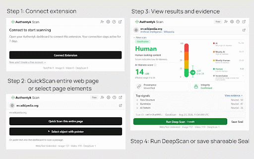 Authentyk Scan :: Free AI content detector for any web page. Check whether text, images, or video is AI-generated and share a verification Seal.