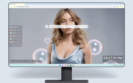 Sydney Sweeney Live Wallpaper :: Elegant portrait of blonde actress with dreamy bubble effects against soft gray background.