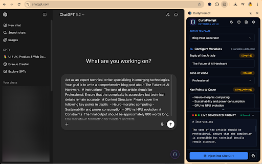CurlyPrompt :: Build reusable prompt templates with variables and inject them into AI tools like ChatGPT, Claude, Gemini, etc.