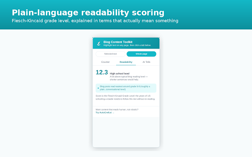 Blog Content Toolkit :: Word count, reading time, readability score, and an AI-writing-tell scanner for any page or selected text.